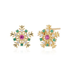 925 Sterling Silver Red Green Pave CZ Snowflake Stud Earring 40200636