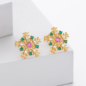 925 Sterling Silver Red Green Pave CZ Snowflake Stud Earring 40200636