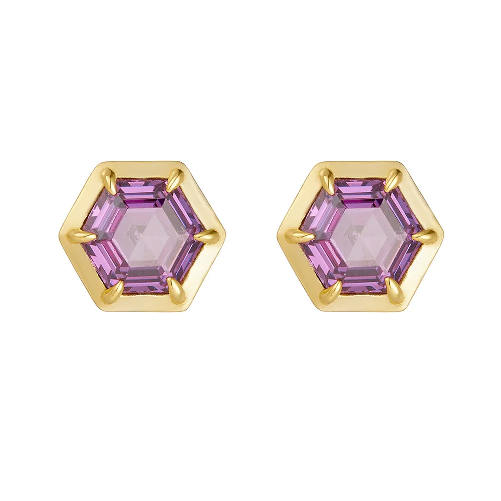 925 Sterling Silver Hexagonal Purple CZ Stud Earrings 40200639
