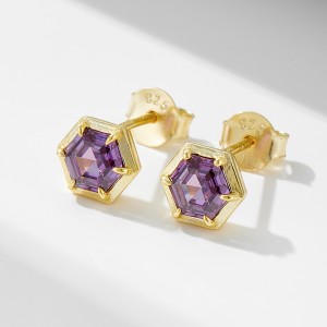 925 Sterling Silver Hexagonal Purple CZ Stud Earrings 40200639