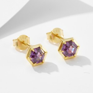 925 Sterling Silver Hexagonal Purple CZ Stud Earrings 40200639