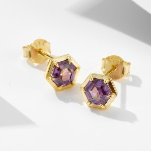 925 Sterling Silver Hexagonal Purple CZ Stud Earrings 40200639