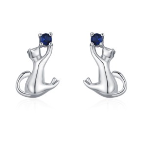 925 Sterling Silver Blue Zircon Cat Stud Earring 40200650