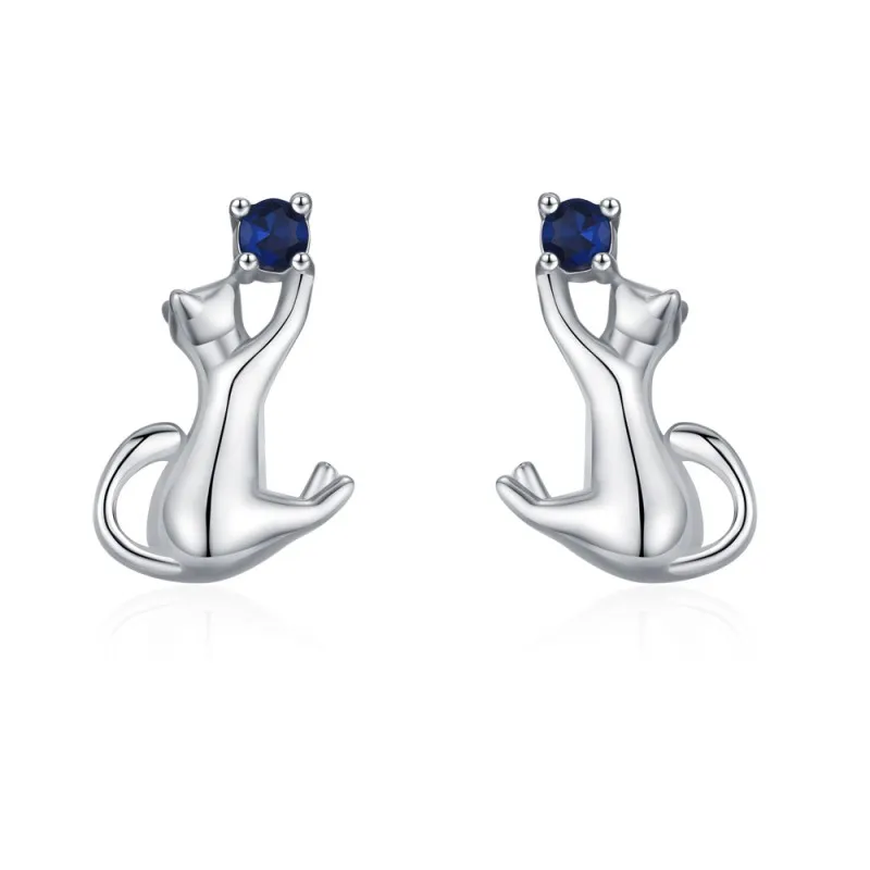 925 Sterling Silver Blue Zircon Cat Stud Earring 40200650