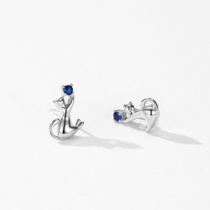 925 Sterling Silver Blue Zircon Cat Stud Earring 40200650