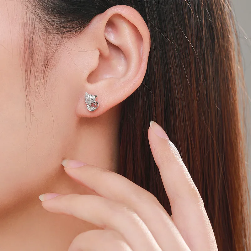 925 Sterling Silver Zircon Cat Stud Earring 40200654 - image1