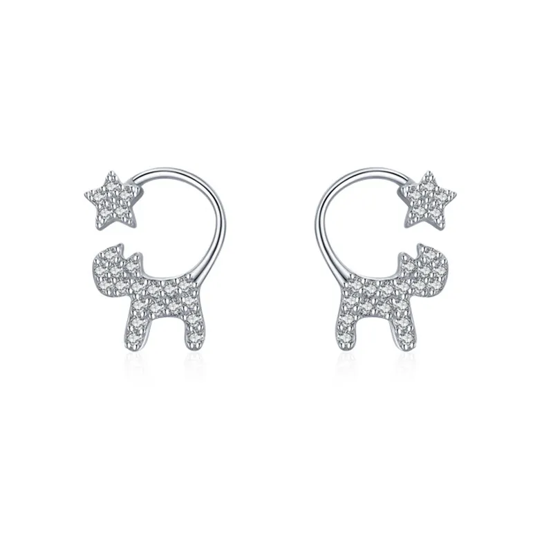 925 Sterling Silver Cat Star Zircon Stud Earring 40200661