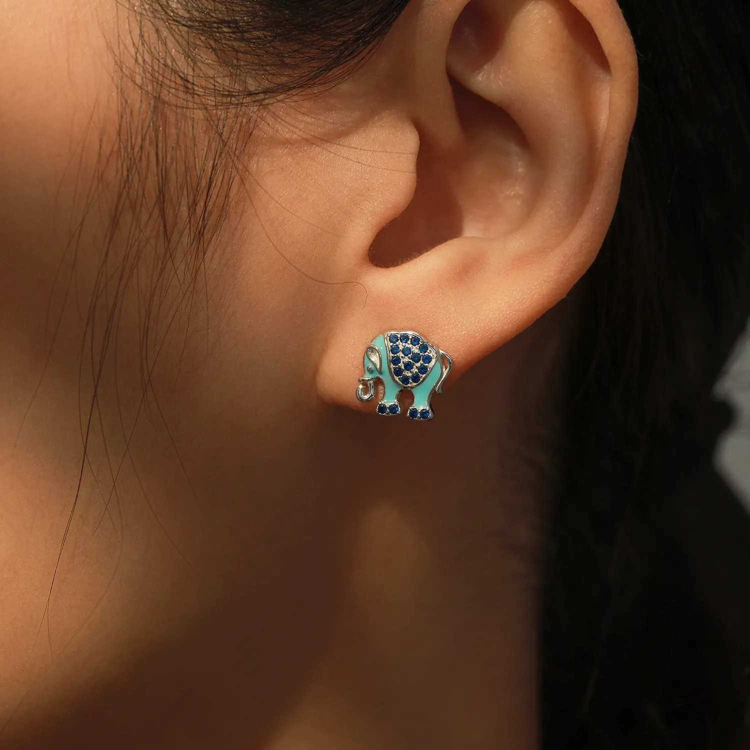 925 Sterling Silver Blue Enamel Elephant Stud Earring 40200662 - image1