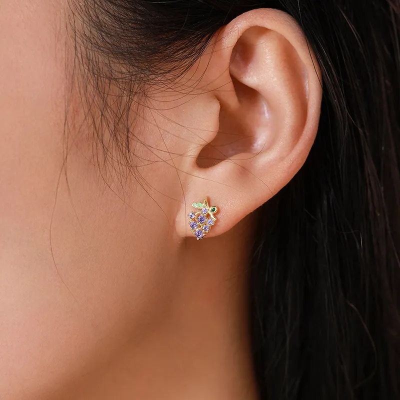 925 Sterling Silver Purple Grape Enamel Zircon Stud Earring 40200668 - image1