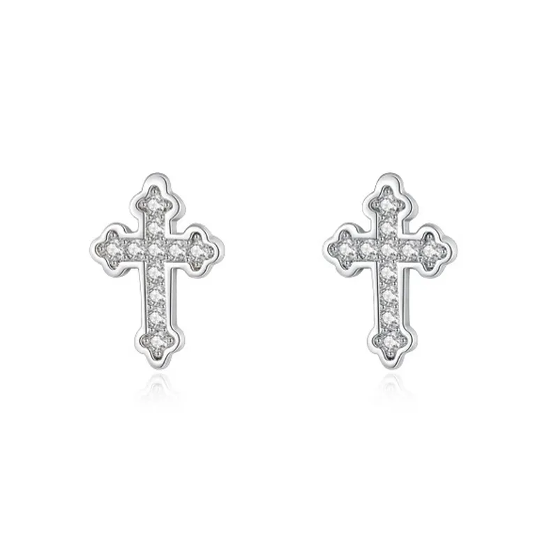 925 Sterling Silver Classic Cross CZ Stud Earring 40200681