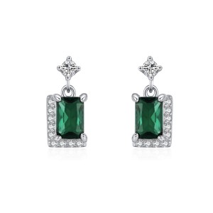 925 Sterling Silver Green Emerald-Cut Zircon Stud Earring 40200715