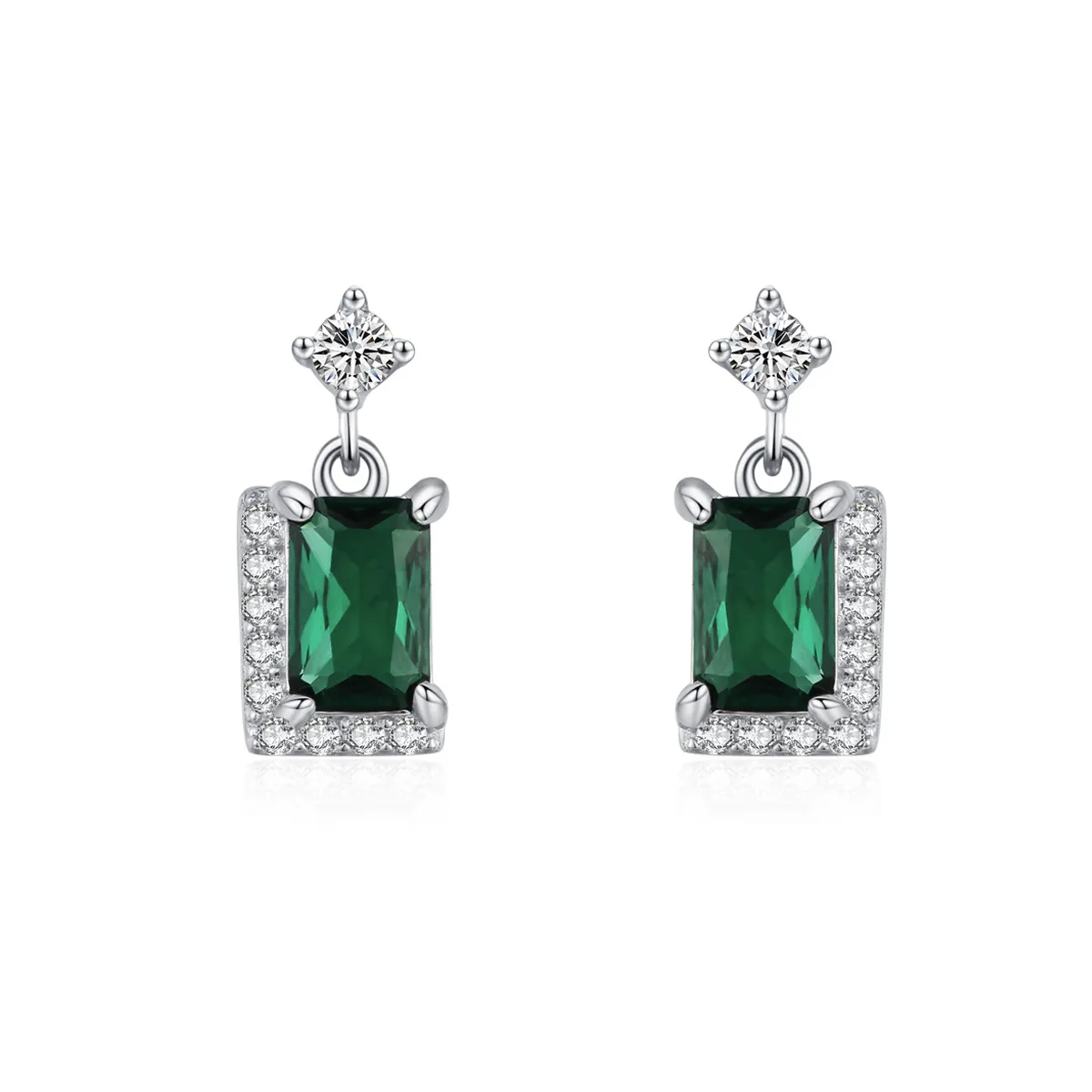 925 Sterling Silver Green Emerald-Cut Zircon Stud Earring 40200715