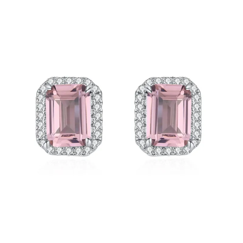 925 Sterling Silver Pink Emerald-Cut Zircon  Stud Earring 40200716 925 Sterling Silver Pink Emerald-Cut Zircon  Stud Earring 40200716
