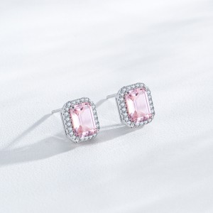 925 Sterling Silver Pink Emerald-Cut Zircon  Stud Earring 40200716