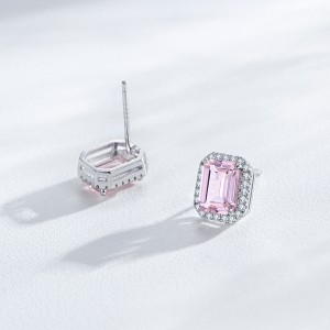 925 Sterling Silver Pink Emerald-Cut Zircon  Stud Earring 40200716