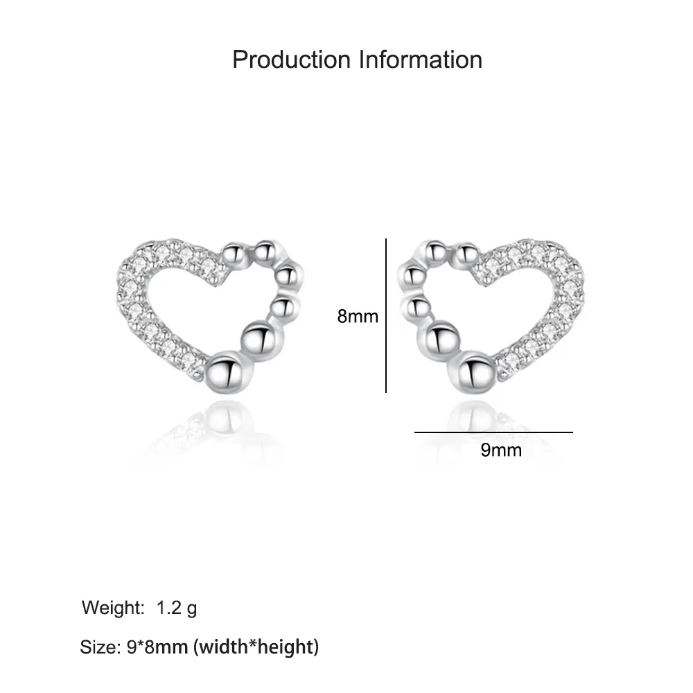 925 Sterling Silver Sweet Beaded Heart Zircon Stud Earring 40200720 - image2