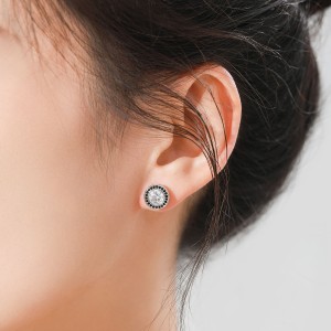 925 Sterling Silver Black White Round Zircon Stud Earring 40200723