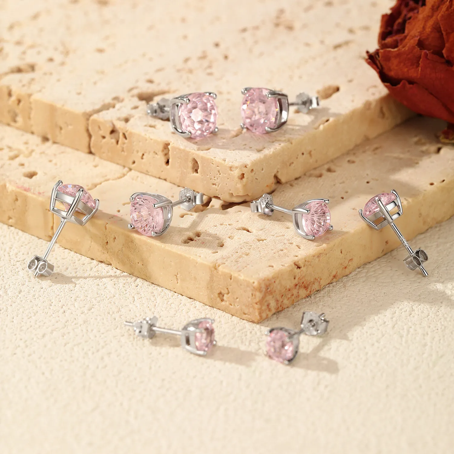 925 Sterling Silver Light Pink Fireworks Cut Stud Earrings 40200751 - image3