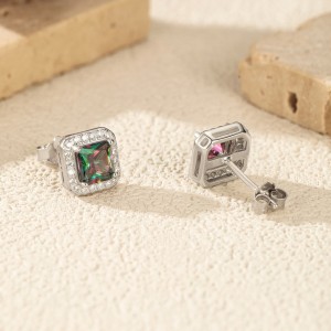925 Sterling Silver Colorful Cushion Halo Stud Earrings 40200759