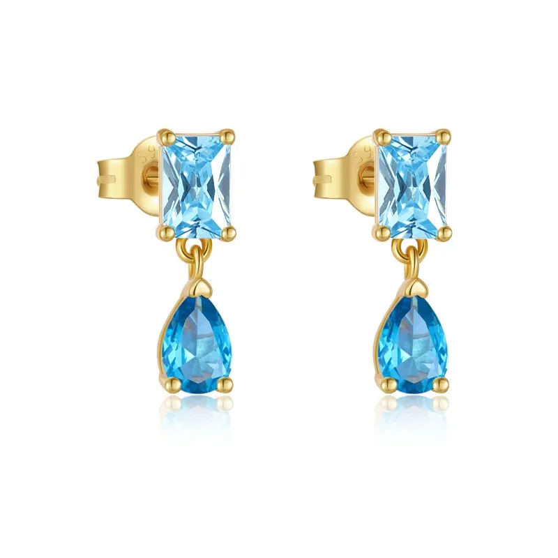 925 Sterling Silver Vintage Blue Zircon Drop Stud Earring 40200766