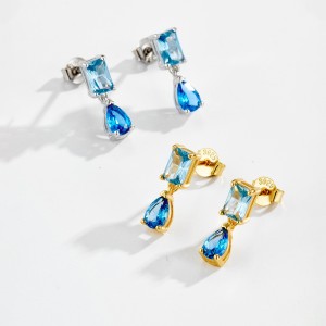 925 Sterling Silver Vintage Blue Zircon Drop Stud Earring 40200766