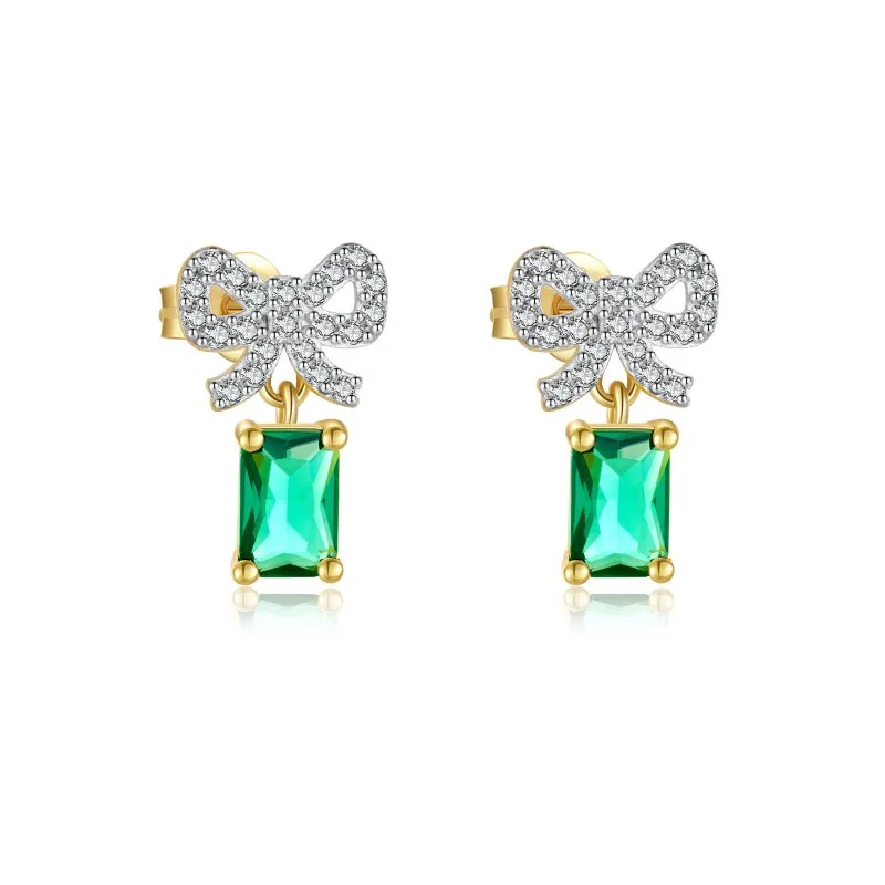 925 Sterling Silver Bow Green Zircon Stud Earrings 40200767