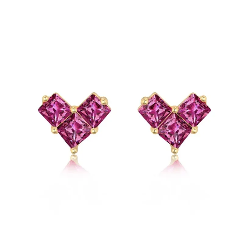 925 Sterling Silver Geometric Magenta Heart Stud Earrings 40200777