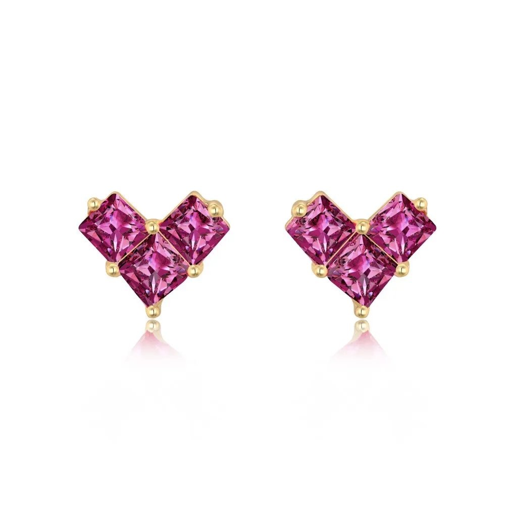 925 Sterling Silver Geometric Magenta Heart Stud Earrings 40200777