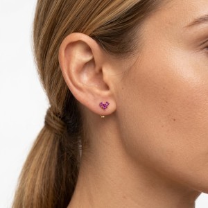 925 Sterling Silver Geometric Magenta Heart Stud Earrings 40200777