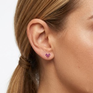 925 Sterling Silver Geometric Magenta Heart Stud Earrings 40200777