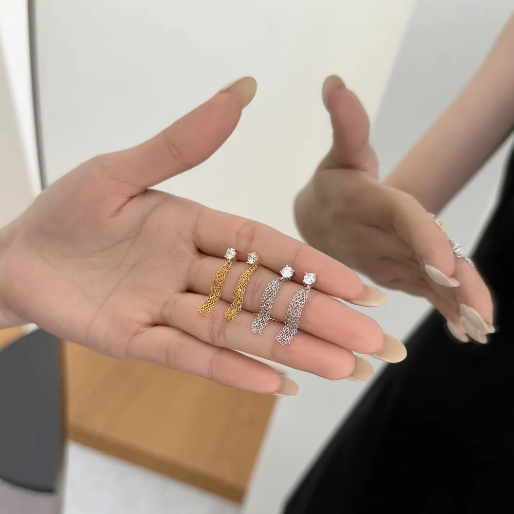 925 Sterling Silver Zircon Chain Tassel Drop Stud Earrings 40200778 - image3