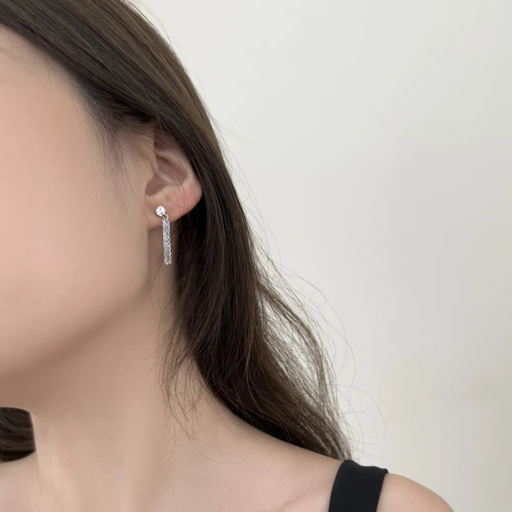 925 Sterling Silver Zircon Chain Tassel Drop Stud Earrings 40200778 - image2