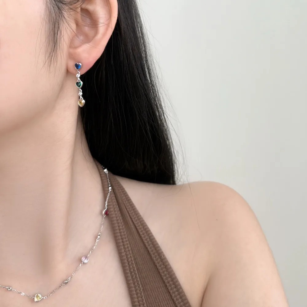 925 Sterling Silver Multi-Color Heart Drop Stud Earrings 40200779 - image1