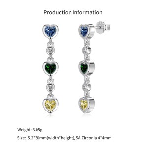 925 Sterling Silver Multi-Color Heart Drop Stud Earrings 40200779