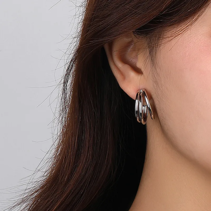Three Rows Round Shape Stud Earring 40400075 - image2
