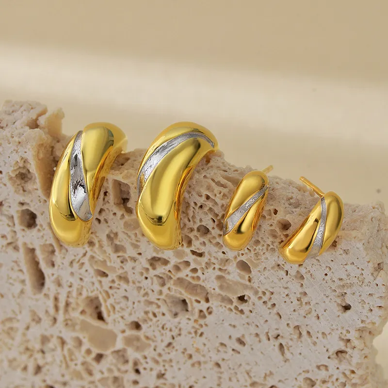 925 Sterling Silver Two-Tone C-Shape Minimalist Stud Earring 40400120 - image1