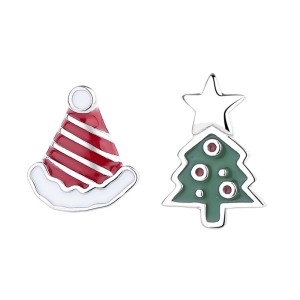 925 Sterling Silver Asymmetrical Enamel Christmas Stud Earring 40400121