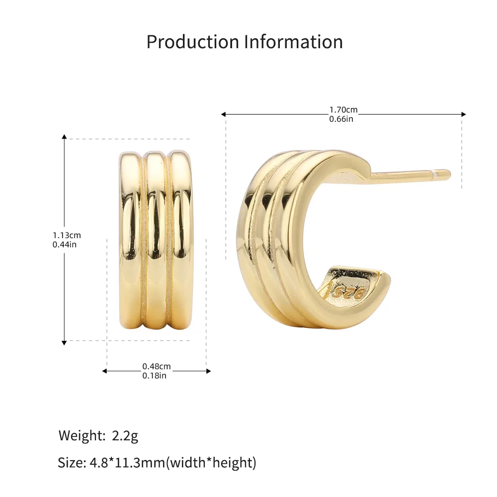 925 Sterling Silver Triple Band C-Stud Earrings 40400133 - image2