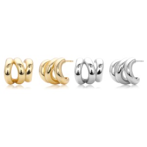 925 Sterling Silver Triple Ridge C-Hoop Stud Earrings 40400136