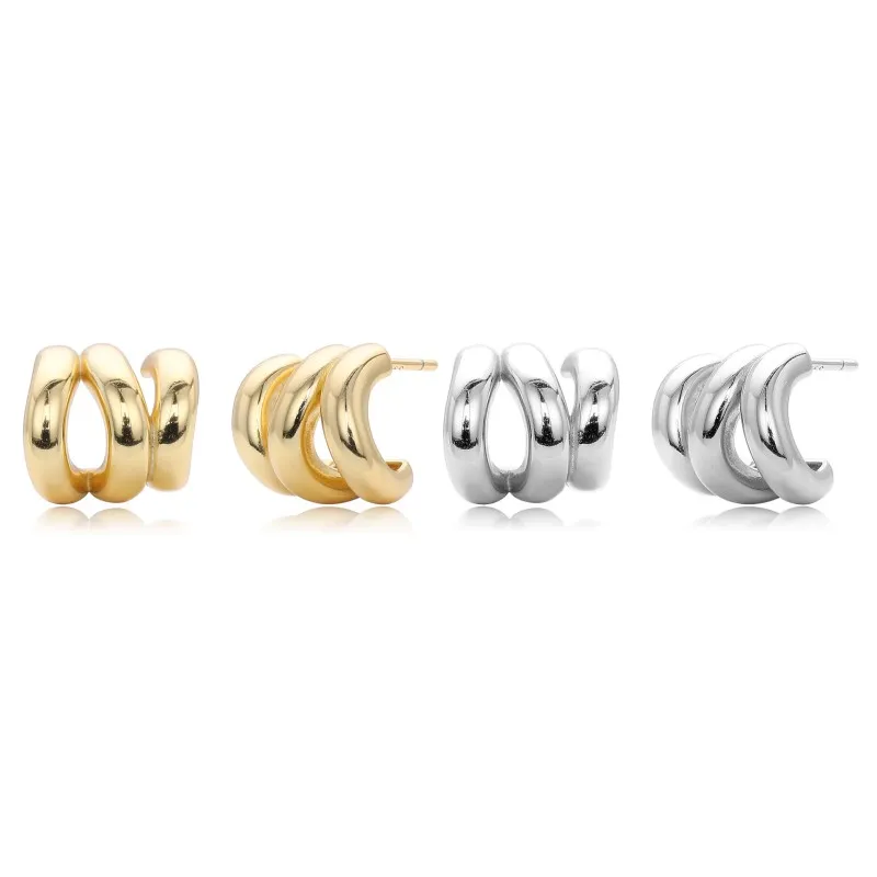 925 Sterling Silver Triple Ridge C-Hoop Stud Earrings 40400136 925 Sterling Silver Triple Ridge C-Hoop Stud Earrings 40400136