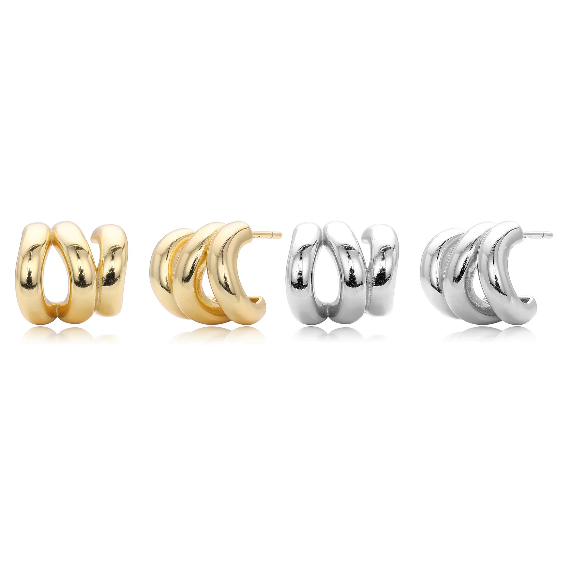 925 Sterling Silver Triple Ridge C-Hoop Stud Earrings 40400136