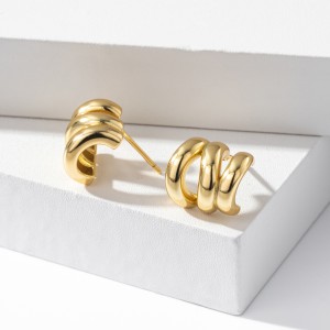 925 Sterling Silver Triple Ridge C-Hoop Stud Earrings 40400136