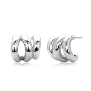 925 Sterling Silver Triple Ridge C-Hoop Stud Earrings 40400136