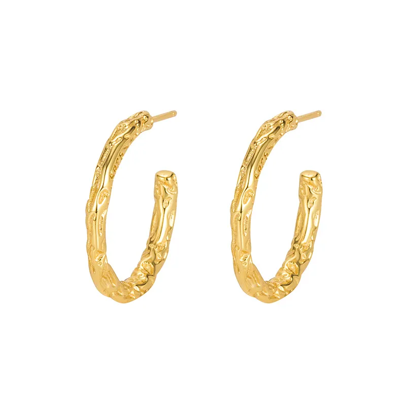 925 Sterling Silver Irregular Crinkled Texture C-Hoop Earrings 40400150