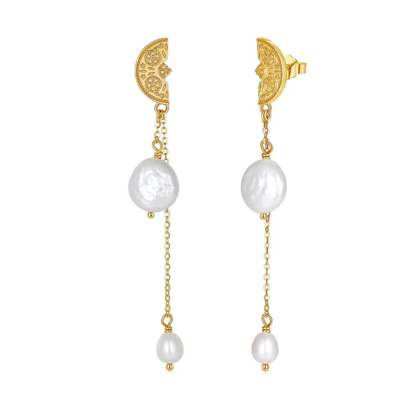 925 Sterling Silver Fresh Water Pearl Tassel Stud Earring 40500025
