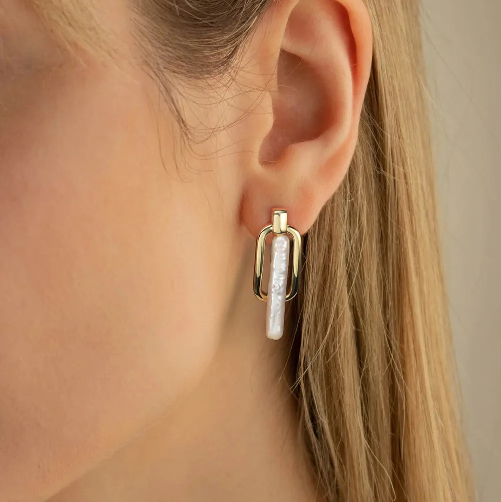 925 Sterling Silver Geometric Fresh Water Pearl Stud Earring 40500026 - image1