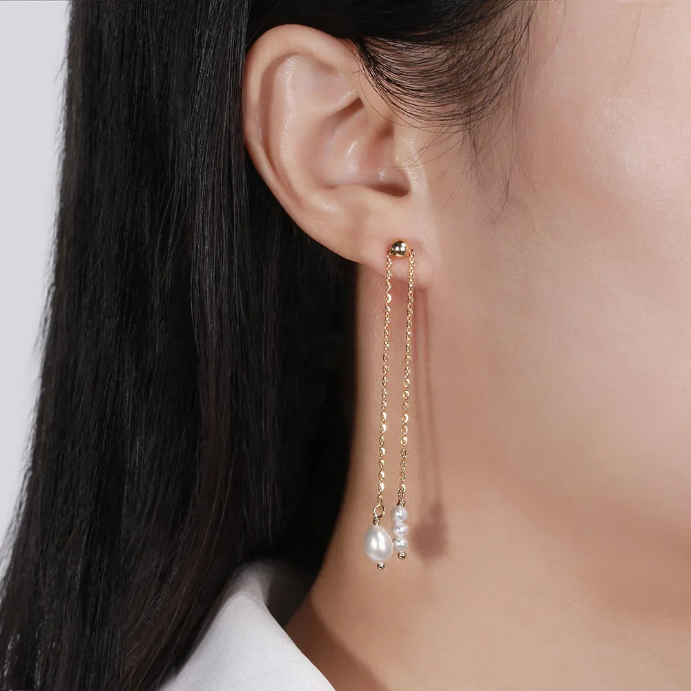 925 Sterling Silver Fresh Water Pearl Tassel Stud Earring 40500029 - image1