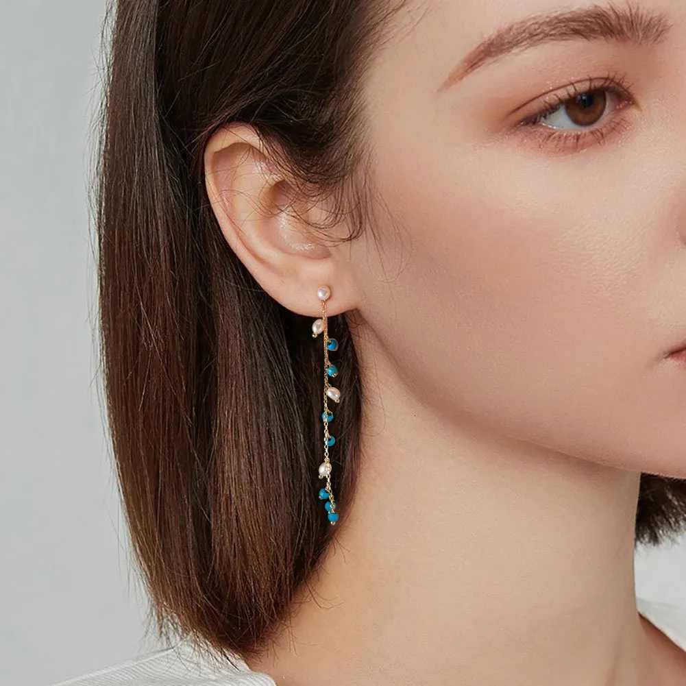 925 Sterling Silver Turquoise Fresh Water Pearl Tassel Earring 40500031 - image1