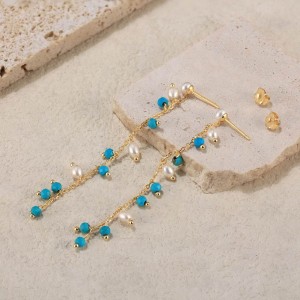 925 Sterling Silver Turquoise Fresh Water Pearl Tassel Earring 40500031
