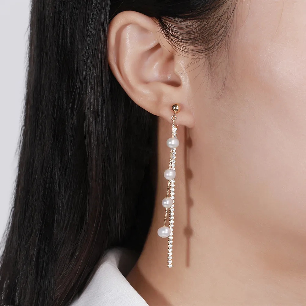 925 Sterling Silver Fresh Water Pearl  Zirconia Tassel Stud Earring 40500043 - image1